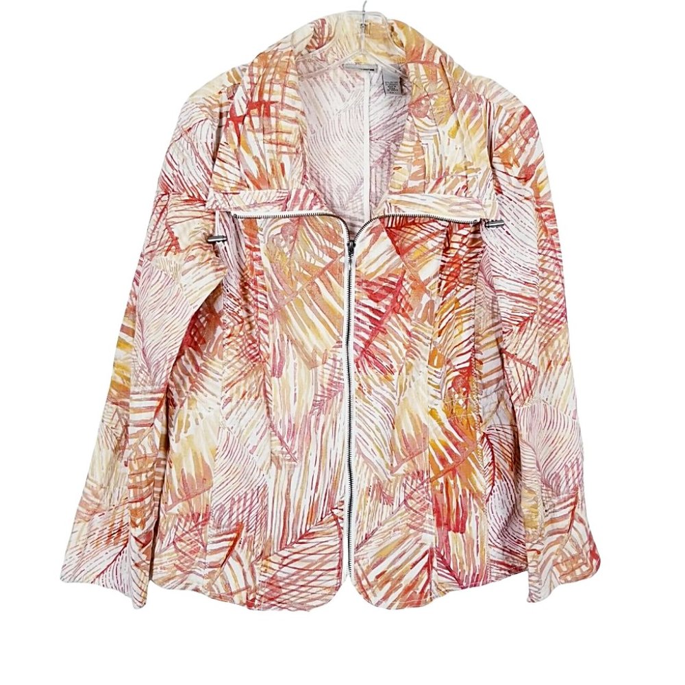 Chico's Jacket Women Size 1 Medium Orange Full Zip Palm Leaf